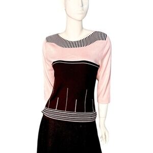 Vintage Design Assets Pink Black Striped 3/4 Sleeve‎ Boat Neck Knit SweaterTop M